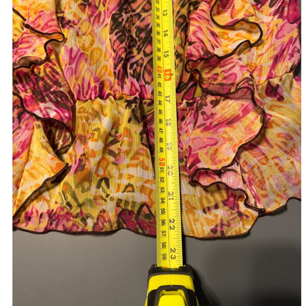 IZ Byer California Ruffle Animal Print Blouse Pink Yellow Sleeveless Small - Picture 3 of 9